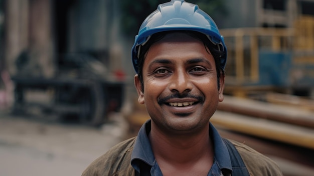 Photo a smiling indian male construction worker standing in construction site