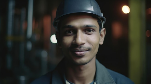 A smiling Indian male factory worker standing in oil refinery plant