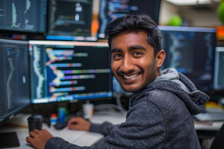 Photo a smiling indian man is focused on debugging code displayed on a computer monitor a smiling indian man debugging code on multiple computer screens