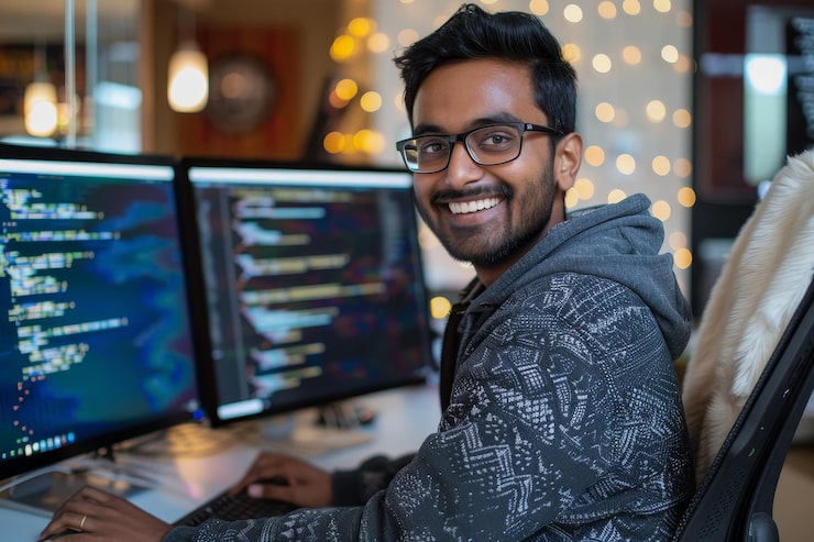 Photo a smiling indian man sitting in front of two computer monitors while debugging code a smiling indian man debugging code on multiple computer screens