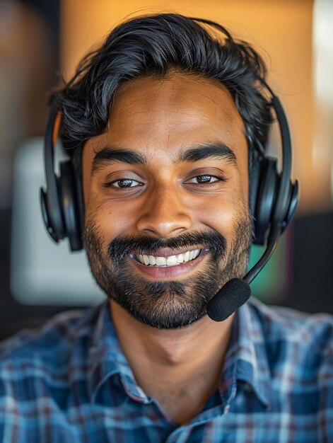 Photo a smiling indian man in a wireless headset with a microphone working as a support service operator