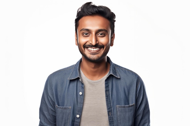 smiling indian man with shirt on white background