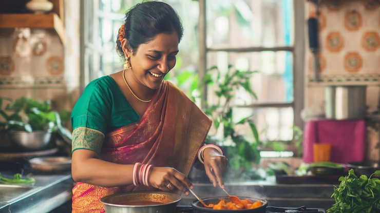 Photo smiling indian woman cooking traditional meal in bright sunlit kitchen