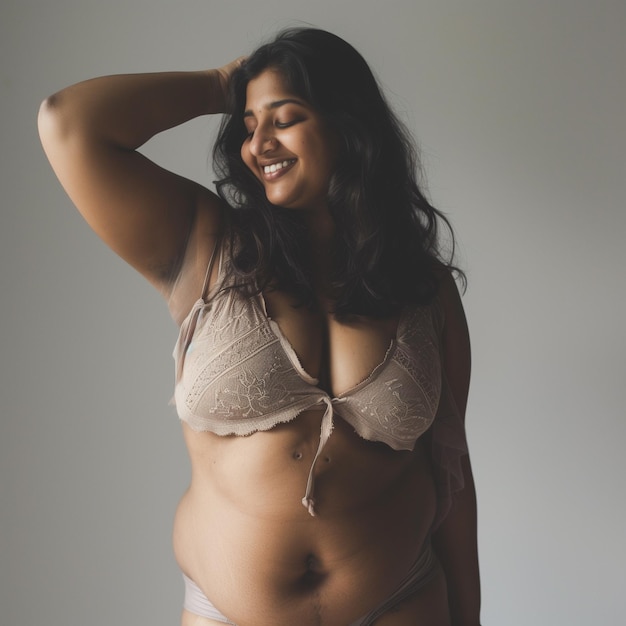 A smiling Indian woman embraces her body in a studio in underwear expressing body positivity