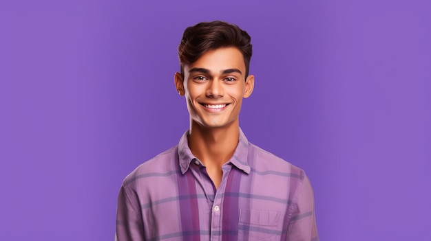 Smiling indian young man on lilac background