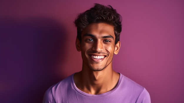 Smiling indian young man on lilac background