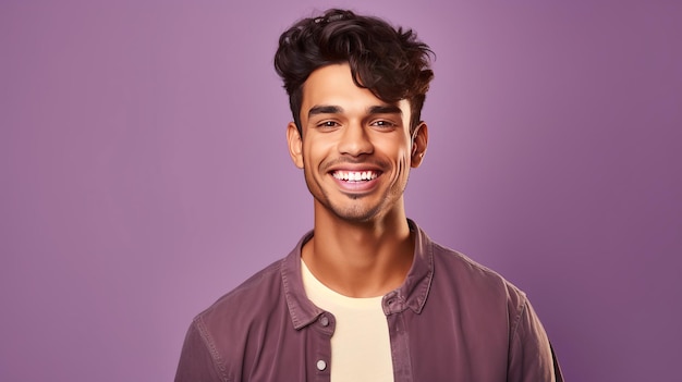 Smiling indian young man on lilac background