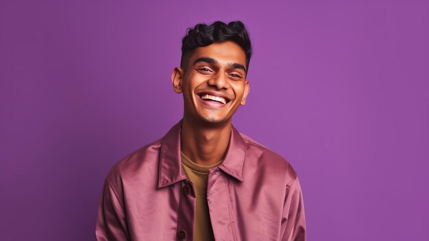 Smiling indian young man on lilac background