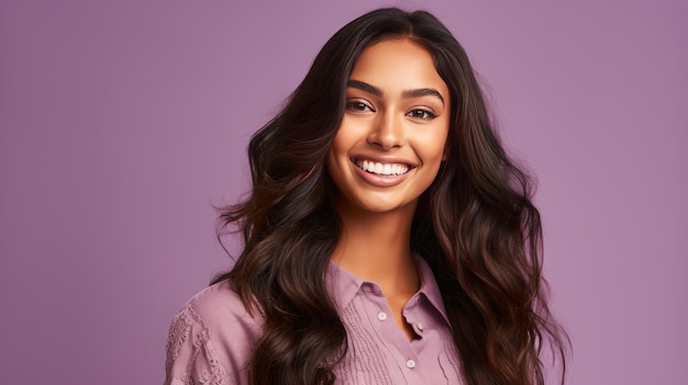 Smiling indian young woman on lilac background