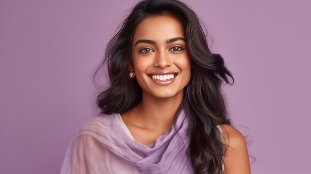 Photo smiling indian young woman on lilac background