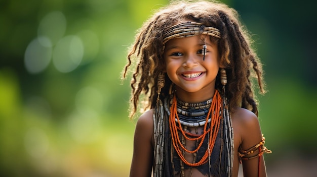 smiling indigenous child wearing traditional necklace out