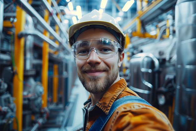 Улыбающийся промышленный инженер с твердой шляпой в производственном заводе Профессиональная уверенность