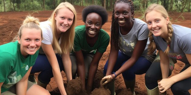 smiling international girls volunteers who plant trees High quality