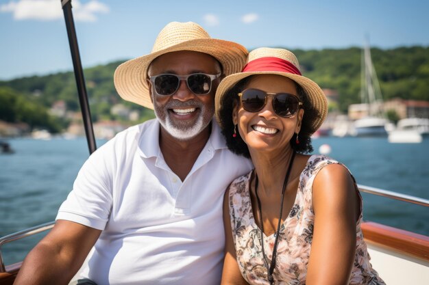 Smiling interracial senior couple in summer hats on a boat with a water backdrop