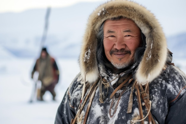 Foto uomo inuit sorridente nel paesaggio nevoso dell'alaska con cappuccio di pelliccia