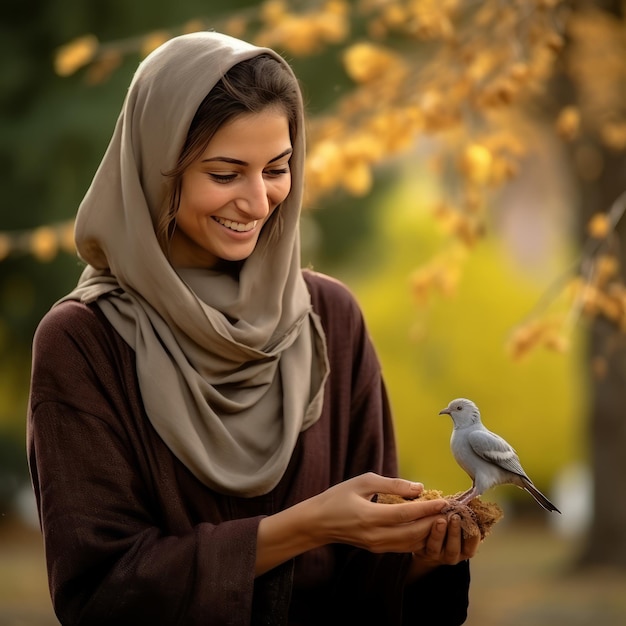 Smiling Iranian woman in park feeding grain to dove