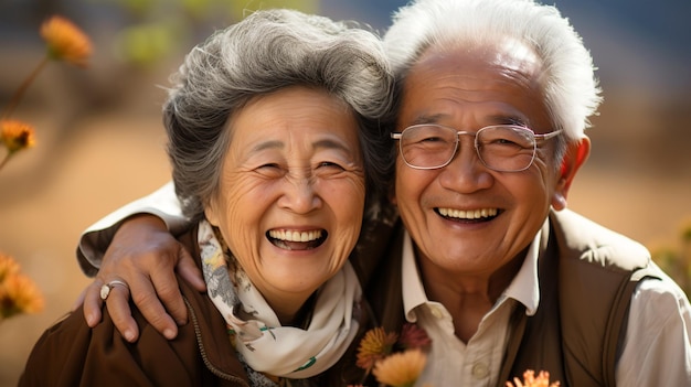 Smiling Japanese husband and wife married couple in the nature background traveling