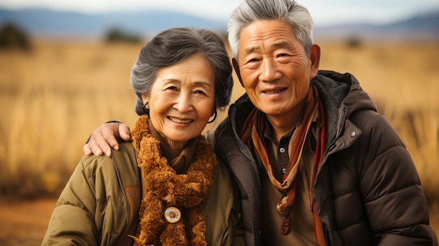 자연의 배경에서 여행하는 미소 짓는 일본인 남편과 아내 부부
