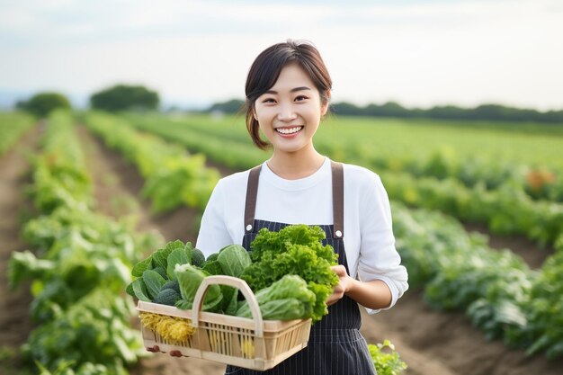 緑と黄色の野菜のバスケットを着て農場を経営する笑顔の日本人女性