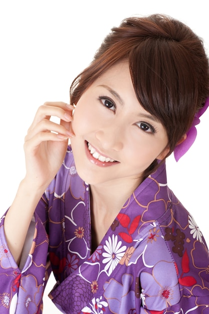 웃는 Japaneses 여자, 행복 한 아시아 아름다움의 근접 촬영 초상화.