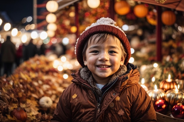 A smiling kid at the autumn market