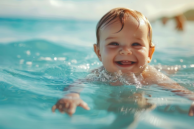 笑顔の子供が海で泳ぐことを学ぶ