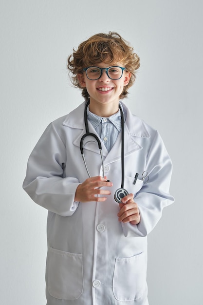 Smiling kid in medical robe with stethoscope looking at camera on white background in daytime