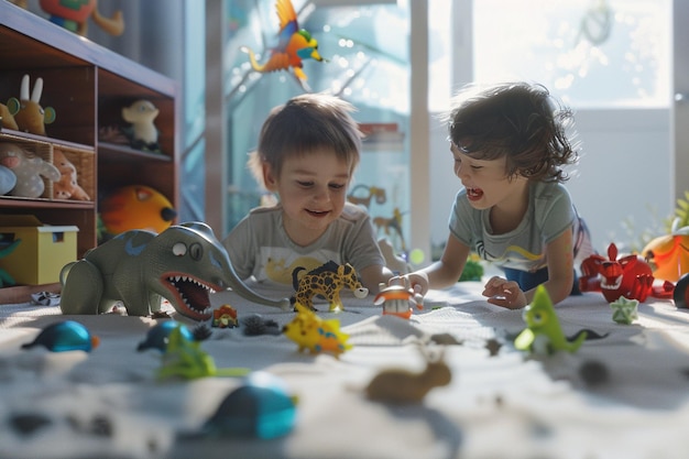 笑顔の子供たちがおもちゃの動物と遊んで創造しています