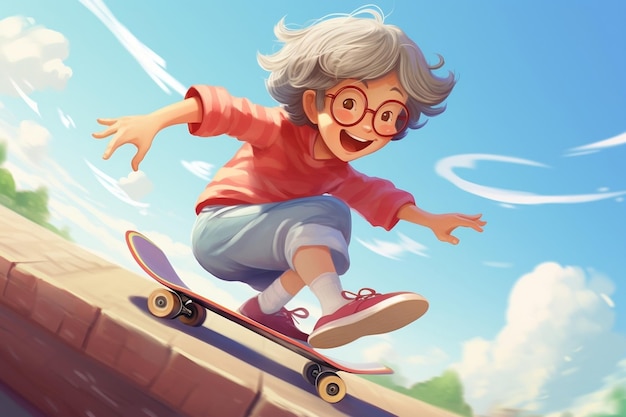 Smiling Korean Grandmother Enjoying a Skateboard Ride with Charm Generative AI