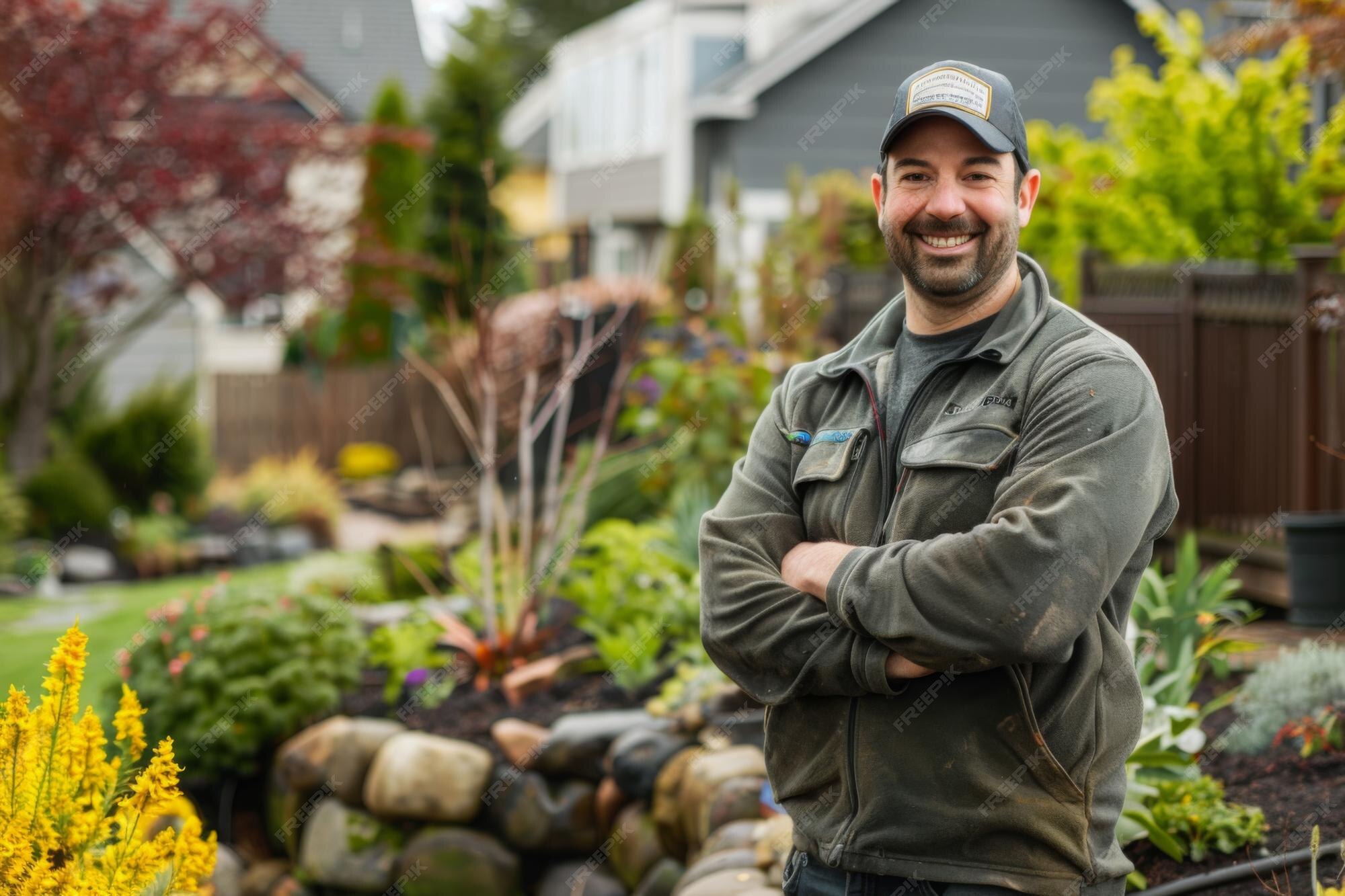 Premium Photo | Smiling landscaping and gardening contractor in