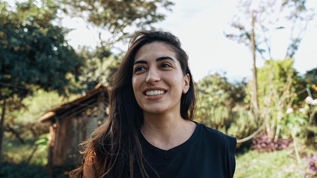 Smiling latin Brazilian woman in the farm Joy positive and love