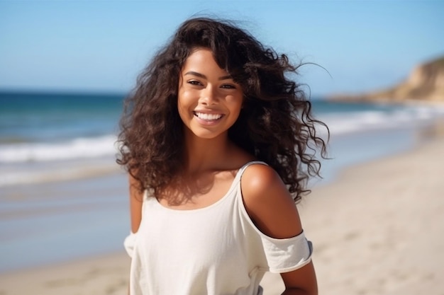 Smiling latin hispanic girl standing at the beach with copy space and looking at camera