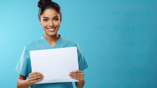 Smiling latin nurse with clipboard on blue background healthcare beauty physiotherapy banner