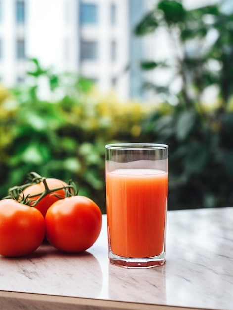 Smiling latin woman hold glass of organic tomato juice sitting at table in light kitchen interior