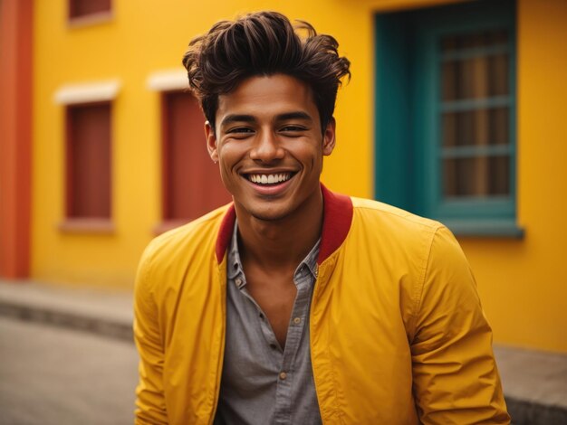 Smiling and laughing handsome young man on yellow wall