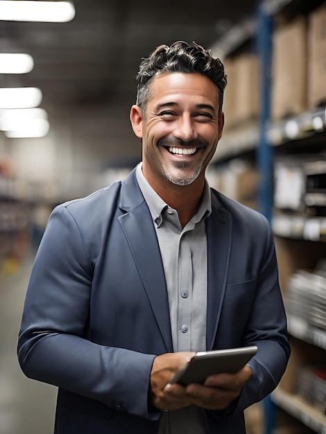 smiling and laughing mexican salesman in a hardware warehouse standing checking supplies