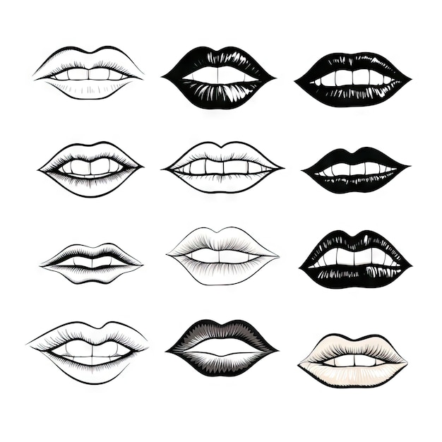 Smiling Lips Sketch Black and White Fun Smiling Lips Collection Joy and Happiness Doodle Drawing