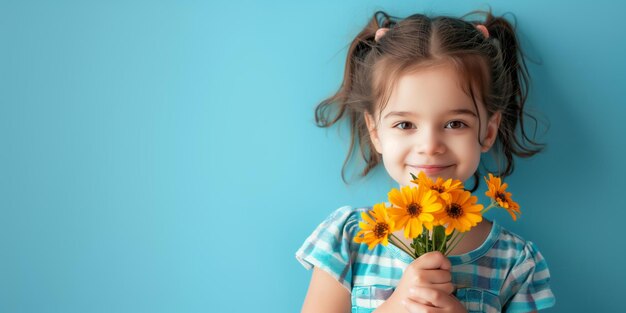 Photo smiling litle girl in on blue background cheerful happy child holding a bouquet of flowers orange gerberas