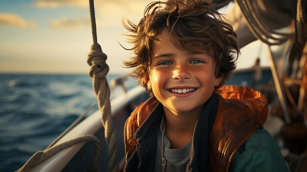 Photo smiling little boy sitting on boat