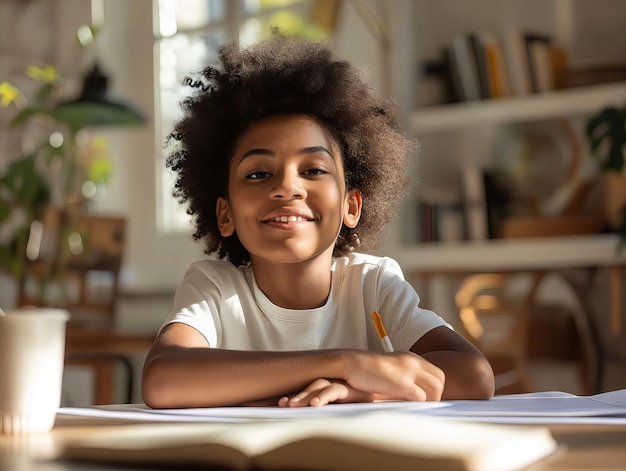 Photo a smiling little boy sitting at a desk with a book