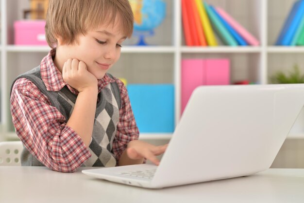 Smiling little boy using laptop at home