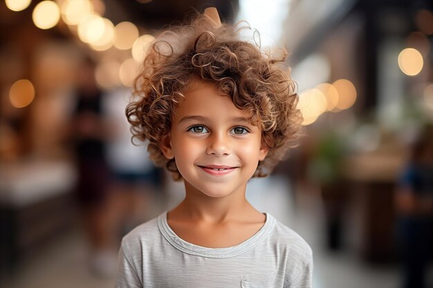 Photo smiling little boy with curly hair over blur lights background