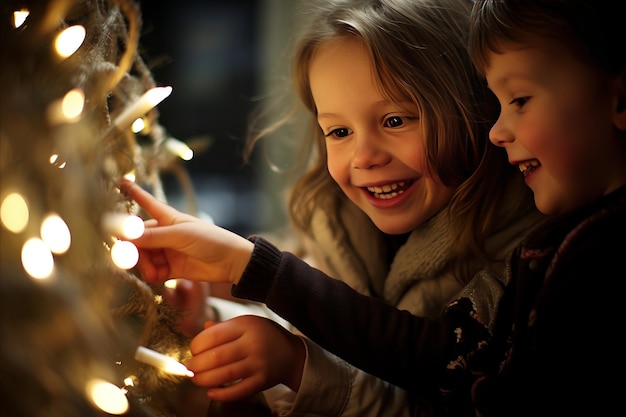 クリスマスツリーを一緒に飾ることに興奮した微笑む小さな白人の子供たち