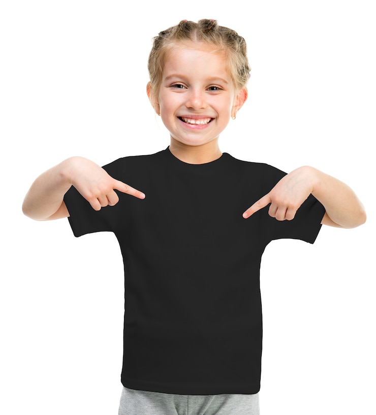 Photo smiling little girl on black t-shirt isolated on a white background