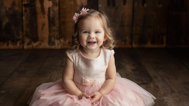 Photo smiling little girl in a charming pink dress sits on the floor