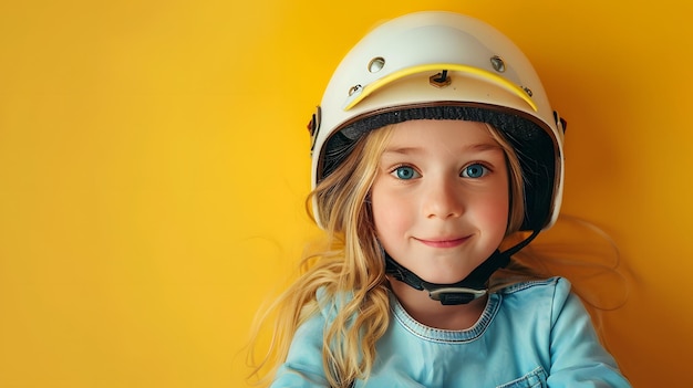 孤立した背景にモーターバイクのヘルメットをかぶった微笑む小さな女の子