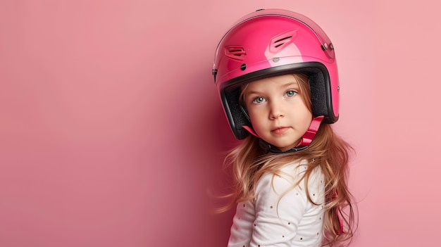孤立した背景にモーターバイクのヘルメットをかぶった微笑む小さな女の子