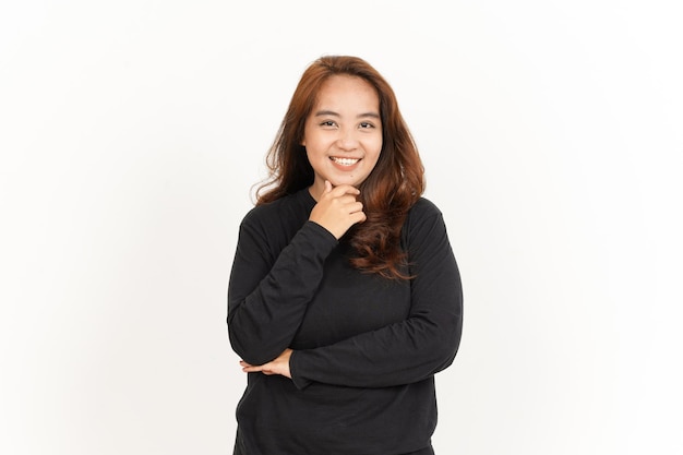 Smiling and Look At The Camera Of Beautiful Asian Woman Wearing Black Shirt Isolated On White