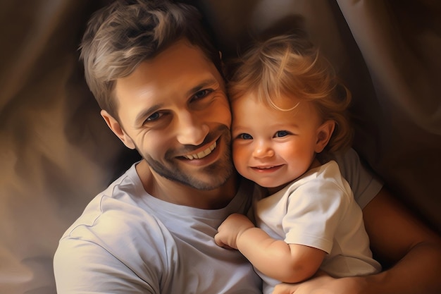 Улыбающийся любящий папа с портретом счастливого ребенка Ai