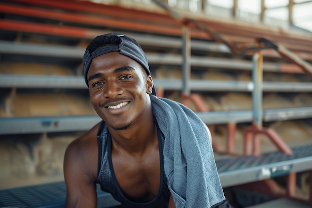 Smiling male athlete after running training sport exercise with towel African American man sitting on empty stadium stands and stairs